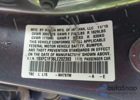 2020 Honda Civic Ex z USA, uszkodzony, nr VIN 19XFC1F36LE202393